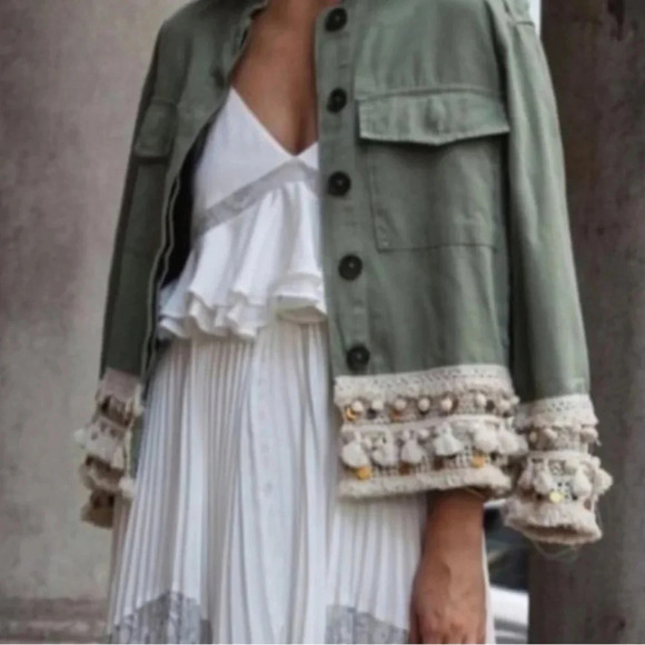 Zara Tassel Pom Crochet Fringe Boho Utility Jacket Green Size XS - Picture 15 of 15